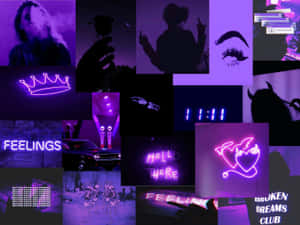 A Collage Of Images With Purple Neon Lights Wallpaper