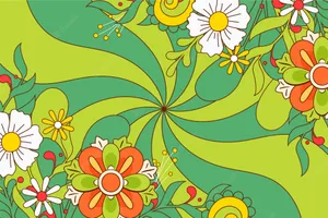 A Colorful Floral Pattern With Green Leaves And Flowers Wallpaper