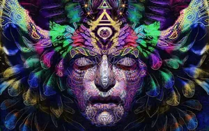 A Colorful Painting Of A Demon With Feathers Wallpaper