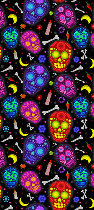 A Colorful Pattern Of Sugar Skulls On Black Wallpaper