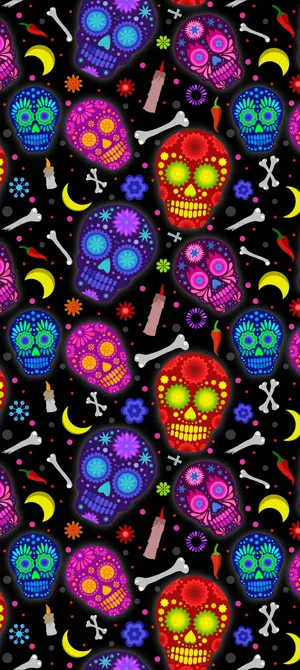 A Colorful Pattern Of Sugar Skulls On Black Wallpaper