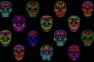 A Colorful Set Of Sugar Skulls On A Black Background Wallpaper