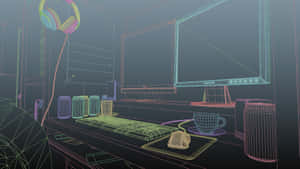 A Computer Desk With A Monitor And Keyboard Wallpaper