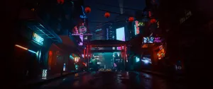 A Dark Street With Neon Lights And Neon Signs Wallpaper
