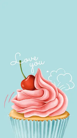 A Delightful Cute Blue Phone With A Cherry Cupcake Theme Backdrop. Wallpaper