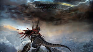 A Dinosaur Is Standing On A Hill With A Flying Saucer Wallpaper