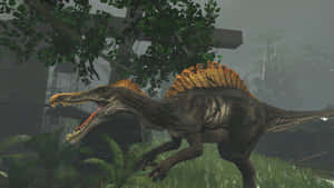 A Dinosaur Is Walking Through A Forest Wallpaper