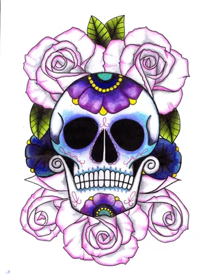 A Drawing Of A Skull With Roses And Purple Flowers Wallpaper