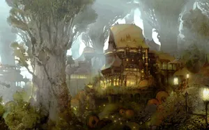 A Fantasy Forest With A Castle In The Middle Wallpaper