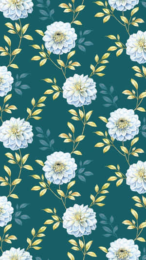 A Floral Pattern With White Flowers On A Teal Background Wallpaper