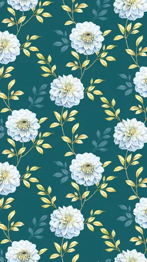 A Floral Pattern With White Flowers On A Teal Background Wallpaper