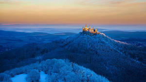 A Frozen Winter Landscape Of Ice-blue Evergreens Wallpaper