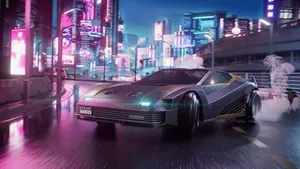 A Futuristic Car Driving Down A City Street Wallpaper