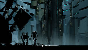 A Futuristic City With A Group Of People Wallpaper