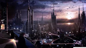 A Futuristic City With A View Of The Sky Wallpaper