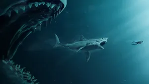 A Gargantuan Great White Shark Swimming In The Deep Blue Sea Wallpaper