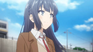 A Girl In A Brown Jacket And Tie Is Standing In Front Of A Blue Sky Wallpaper