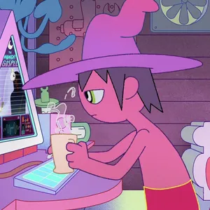 A Girl In A Pink Hat Is Sitting At A Computer Wallpaper