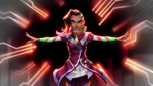 A Girl In A Red Outfit With A Green Hat Wallpaper