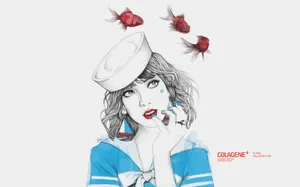A Girl In A Sailor Hat Is Holding A Fish Wallpaper