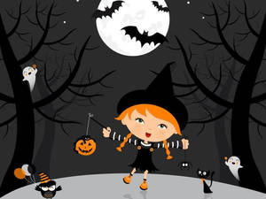 A Girl In A Witch Costume Is Standing In The Woods Wallpaper