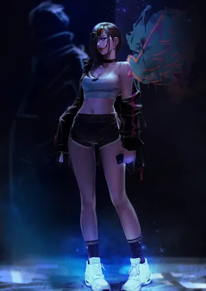 A Girl In Shorts And Sneakers Standing In Front Of A Dark Background Wallpaper