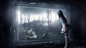 A Girl Is Looking At A Mirror In A Dark Room Wallpaper