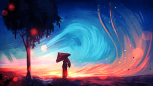 A Girl Is Standing In The Middle Of A Field With A Tree Wallpaper