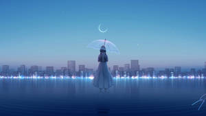 A Girl Is Standing In The Water With An Umbrella Wallpaper