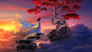 A Girl Is Standing On A Tree In The Clouds Wallpaper