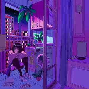 A Girl Sitting In A Room With A Purple Wall Wallpaper