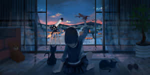 A Girl Sitting On The Floor Watching A Plane Fly Over The City Wallpaper