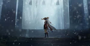 A Girl Standing On A Staircase In The Snow Wallpaper