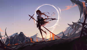 A Girl With A Sword Standing On A Hill Wallpaper