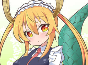 A Girl With Long Hair And Horns Is Holding A Green Dragon Wallpaper