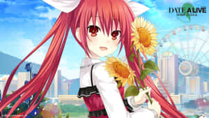 A Girl With Long Red Hair Holding Sunflowers Wallpaper