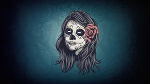 A Girl With Sugar Skull Makeup On A Blue Background Wallpaper