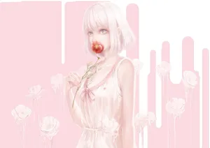 A Girl With White Hair And Pink Flowers Wallpaper