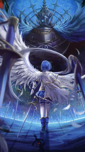 A Girl With Wings And Swords Standing In The Middle Of The Ocean Wallpaper