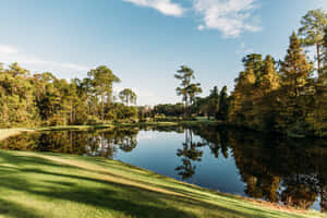 A Golf Course With Trees And A Pond Wallpaper