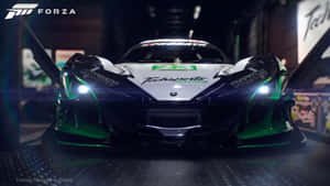 A Green And White Racing Car In A Garage Wallpaper