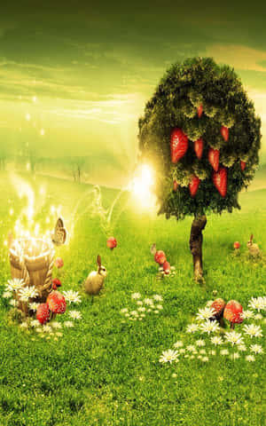 A Green Field With A Tree And Flowers Wallpaper