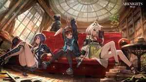 A Group Of Girls Sitting On A Red Couch Wallpaper