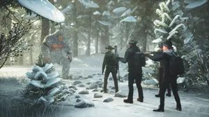A Group Of People Are Standing In The Snow In A Forest Wallpaper