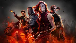 A Group Of People With Guns In Front Of Fire Wallpaper