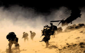 A Group Of Soldiers Walking Down A Hill With A Helicopter Wallpaper