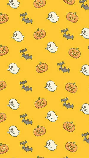 A Halloween Pattern With Ghosts And Pumpkins On A Yellow Background Wallpaper