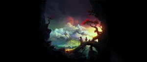 A Hermit And A Small Child Looking Out At A Vast Landscape Wallpaper