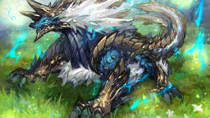 A Hunter Atop A Zinogre In A Lush Grassy Field Wallpaper