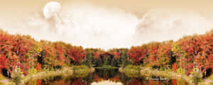 A Lake With Trees And A Moon Wallpaper